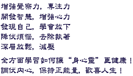 增強覺察力、專注力、開發自己的智慧;減壓放鬆,治癒身心傷痛,降伏煩惱、去除執著。